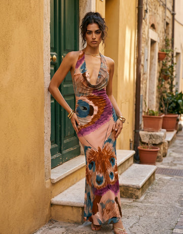 LILA Floral Print Cowl Neck Bodycon Maxi Dress