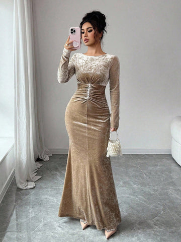 Ruched Velvet Long Sleeve Maxi Dress