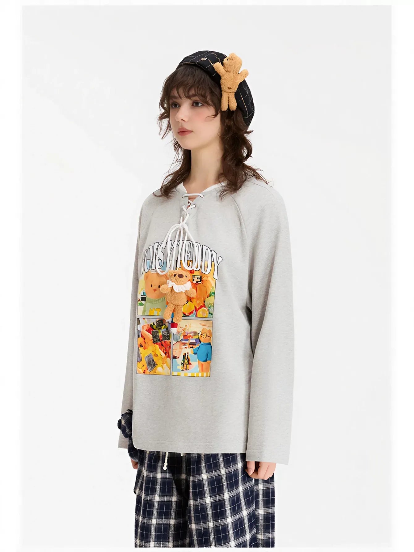 Graphic Lace Up Teddy Sweatshirt