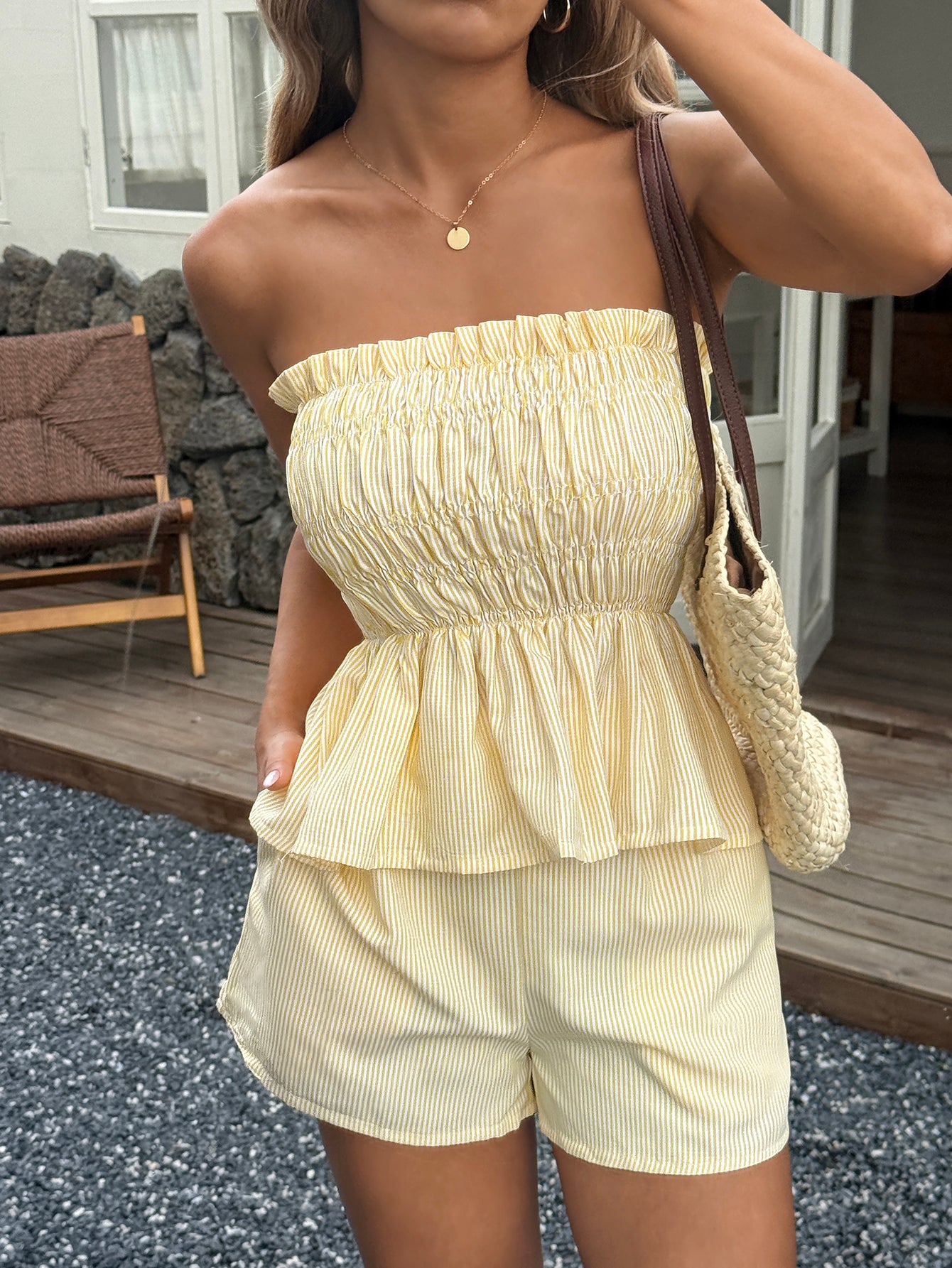 Strapless Ruched Elegant Shorts Set