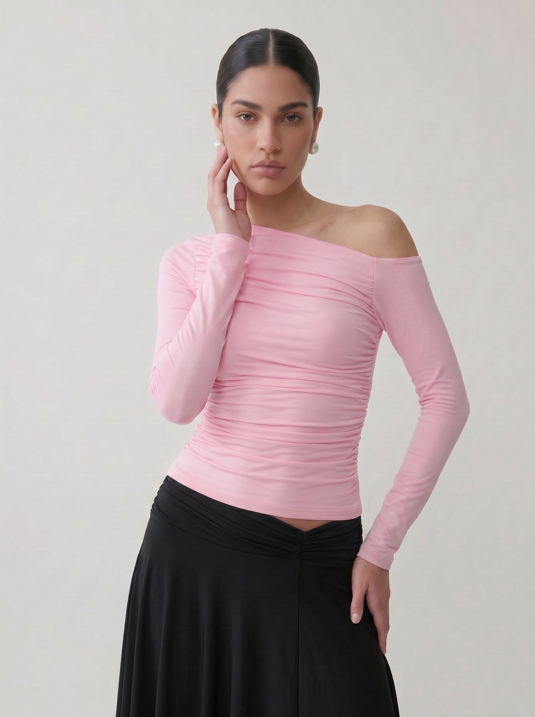 Ruched One Shoulder Long Sleeve Top