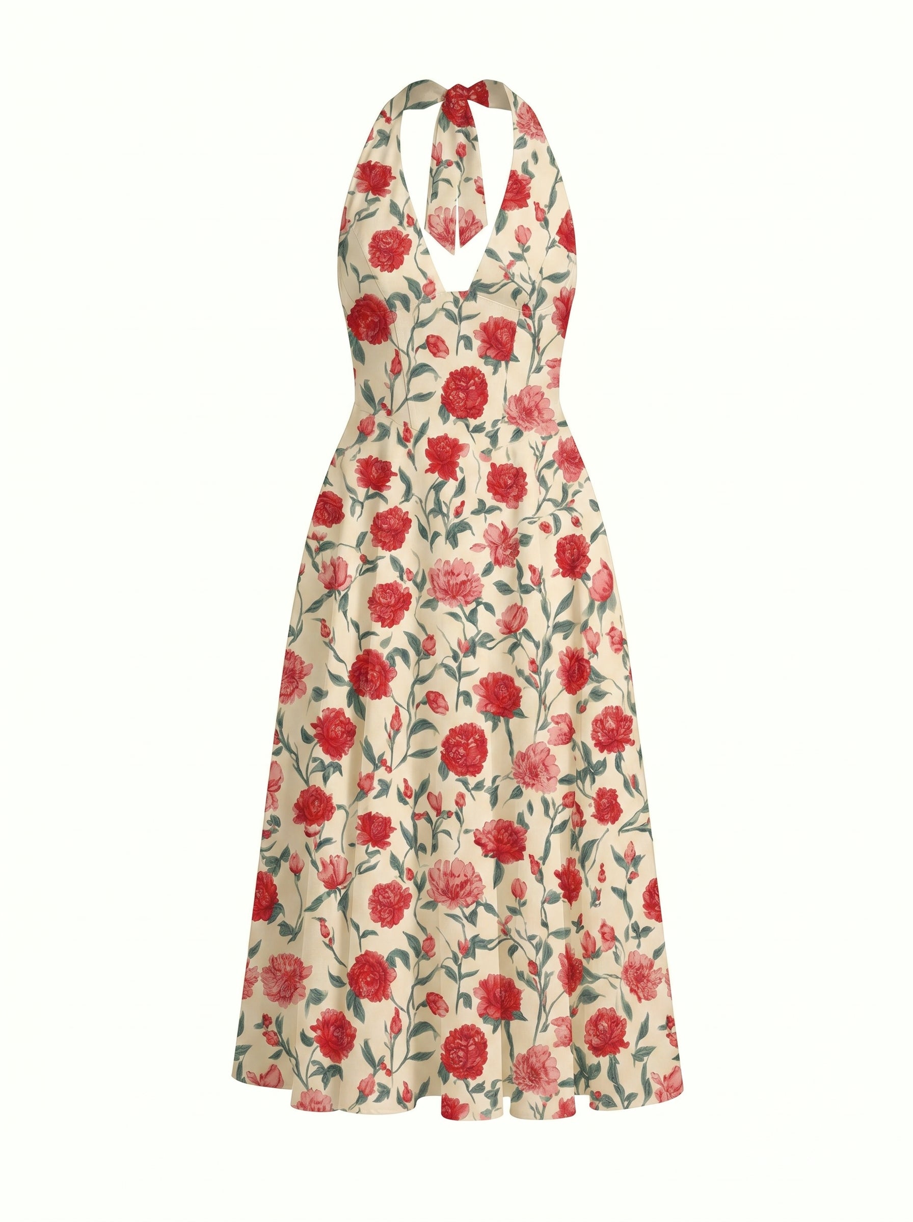 Floral Print Halter Neck Tie Back Midi Dress