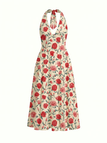 Floral Print Halter Neck Tie Back Midi Dress