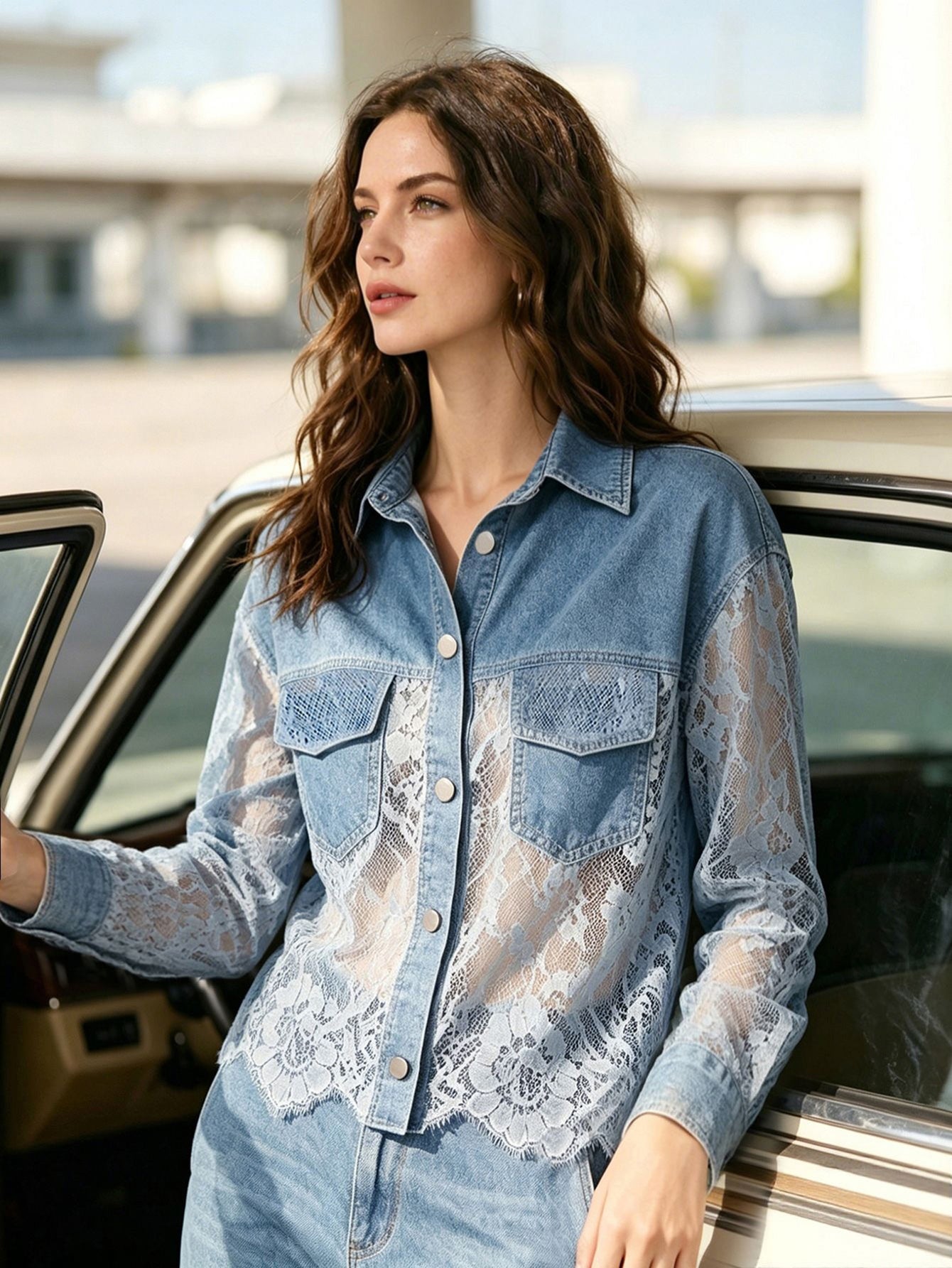 Sheer Lace Patchwork Denim Jacket