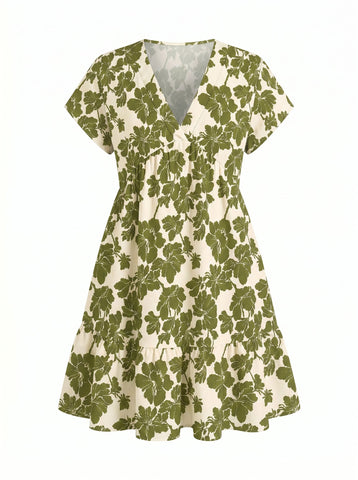 Floral Print V Neck Tiered Babydoll Mini Dress