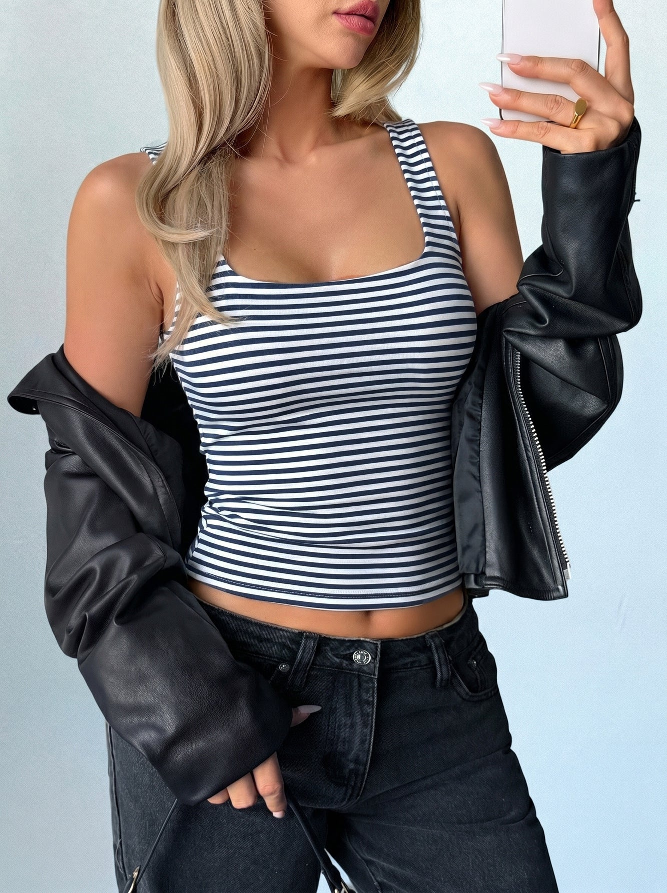 Stretchy Striped Square Neck Tank Top