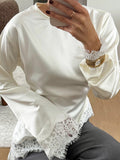 Elegant Lace Trim Satin Blouse