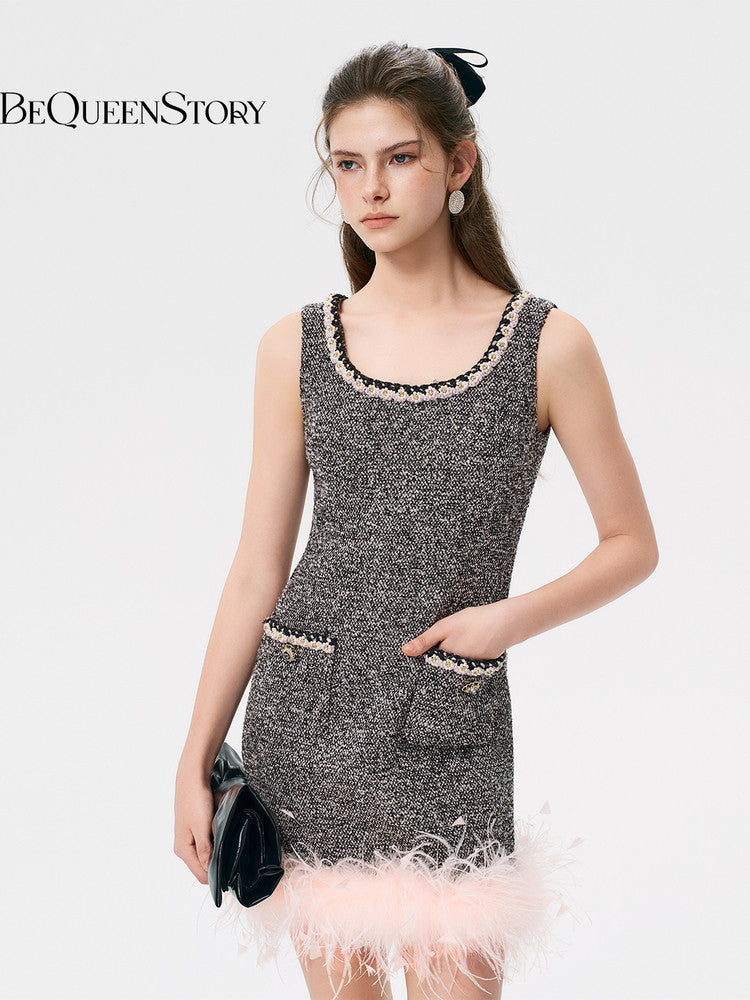 Feather Trim Tweed Mini Dress