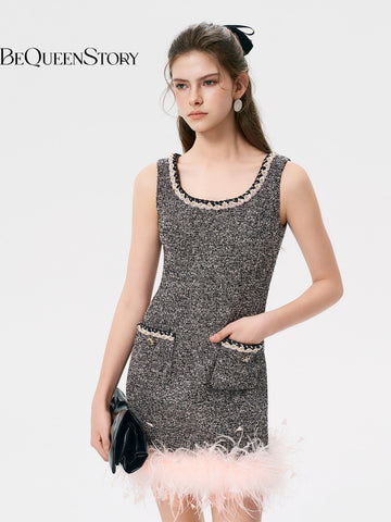 Feather Trim Tweed Mini Dress