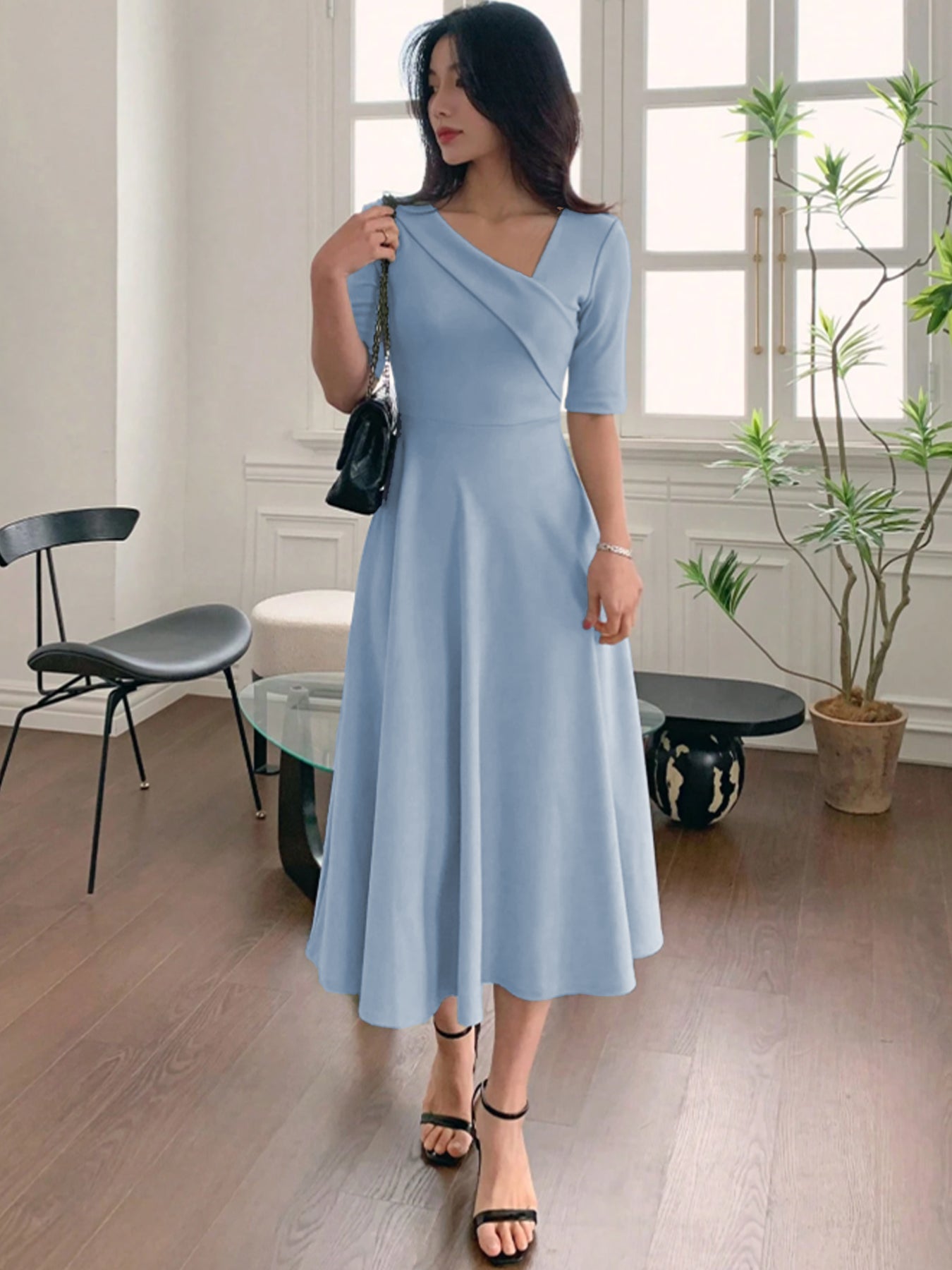 Elegant V Neck Midi Dress