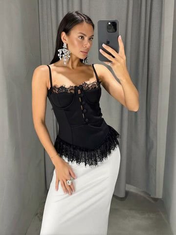 Lace Trim Button Front Corset Top