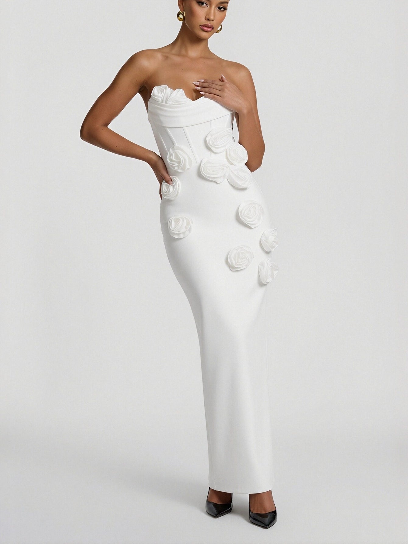 Corset Bodice Floral Slim-Fit Maxi Evening Dress-White