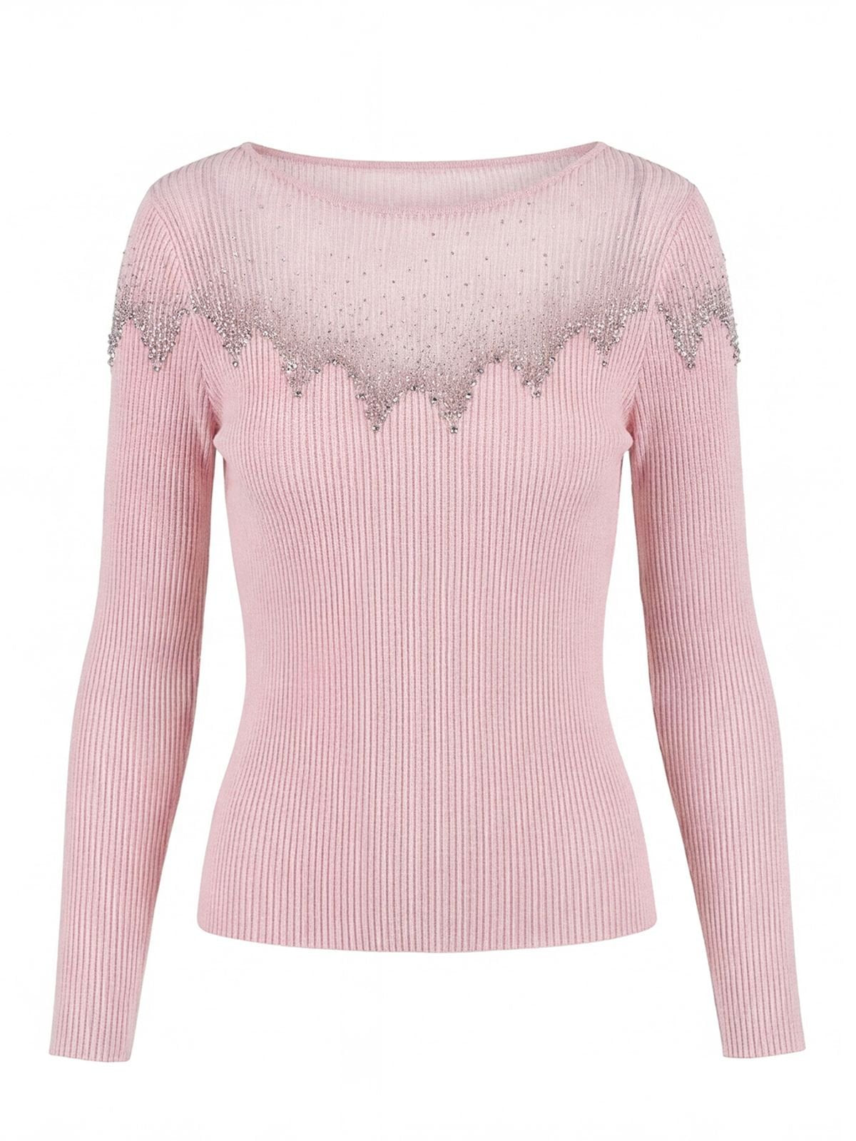 Embellished Sheer Neck Ribbed Pullover Sweater