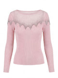 Embellished Sheer Neck Ribbed Pullover Sweater
