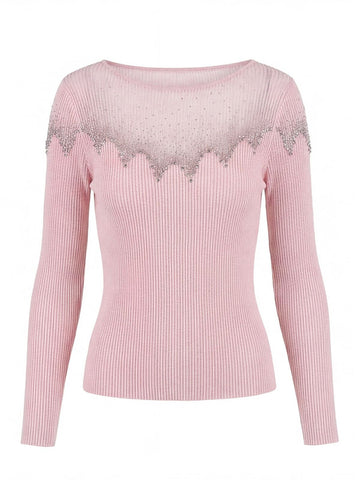 Embellished Sheer Neck Ribbed Pullover Sweater