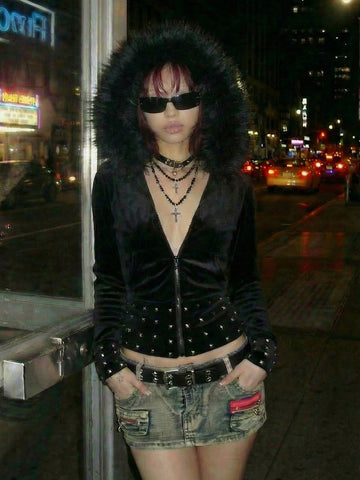Studded Faux Fur Trim Hoodie