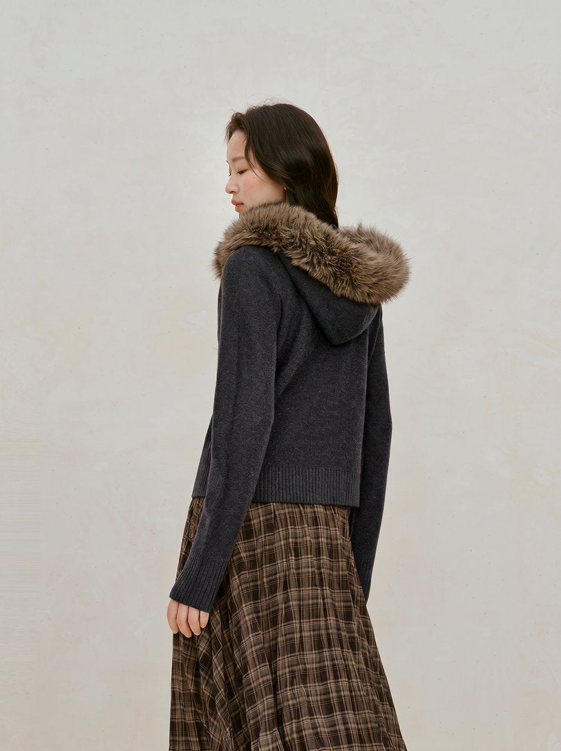 Detachable Faux Fur Trim Wool Cardigan