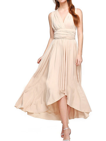 V-Neck Pleated Asymmetric Hem Casual Midi Dress