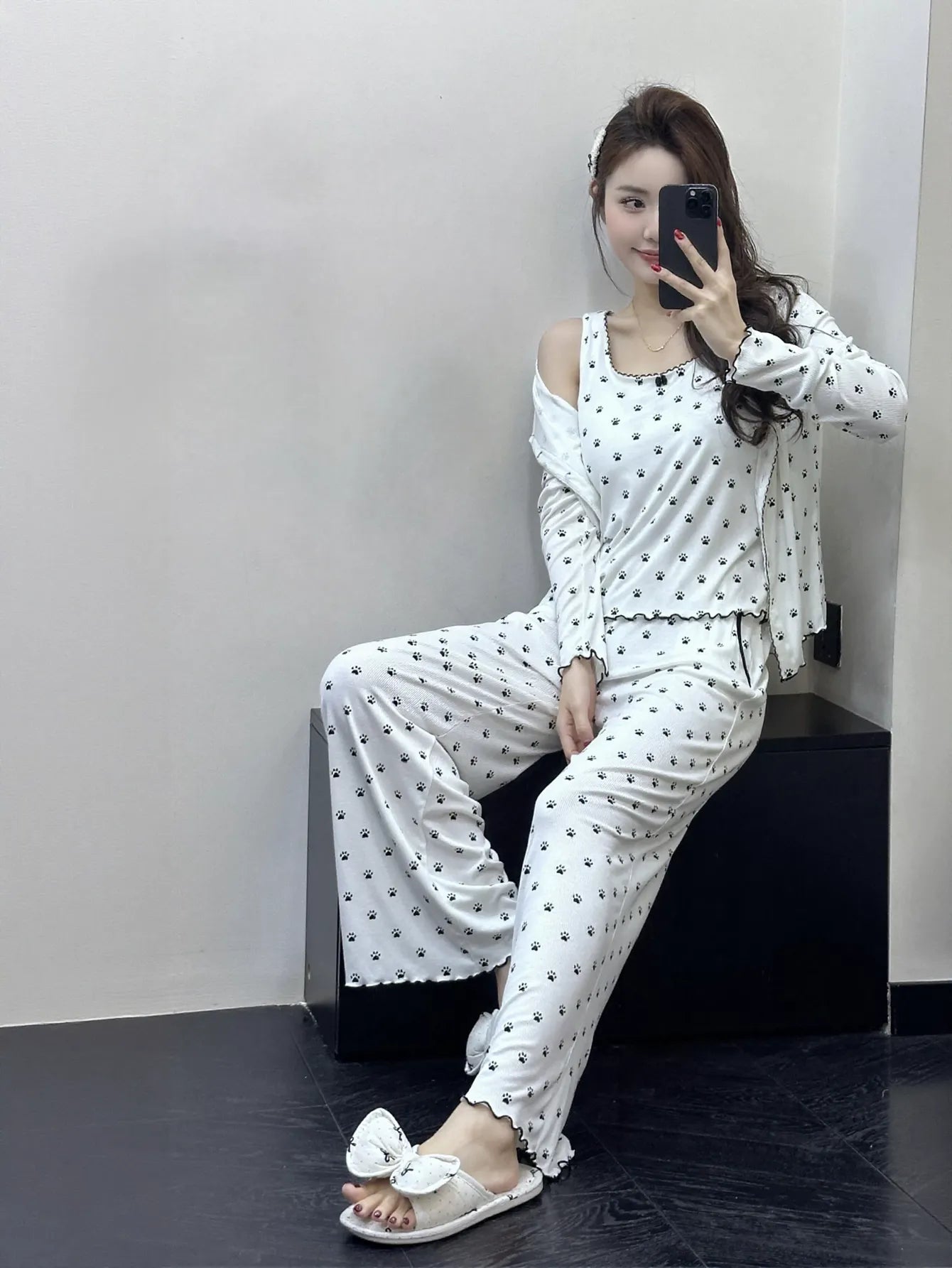 Soft Ribbed Paw Print Pajama Set