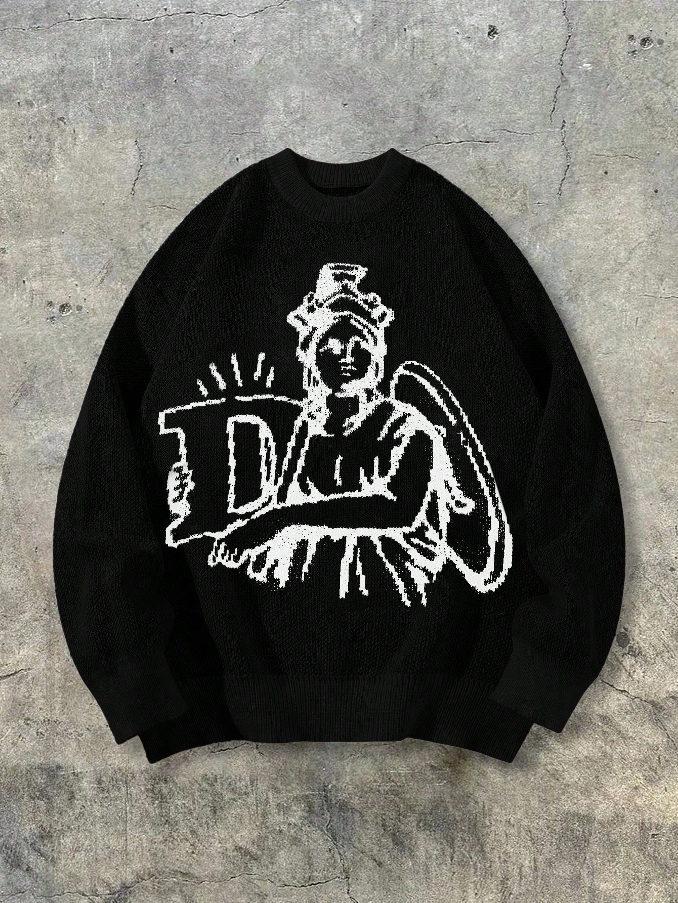 Oversized Graphic Print Crewneck Knit Sweater