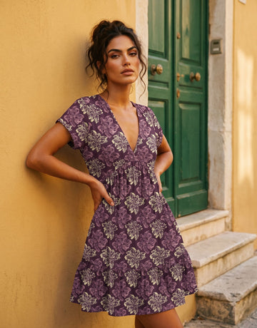 EVA Purple Medallion Floral Print V Neck Tiered Babydoll Mini Dress