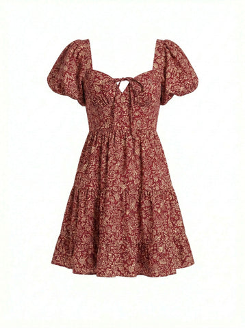 AYLA Floral Print Puff Sleeve Tiered Mini Dress