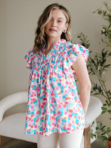 Smocked Bust Flutter Sleeve Blouse