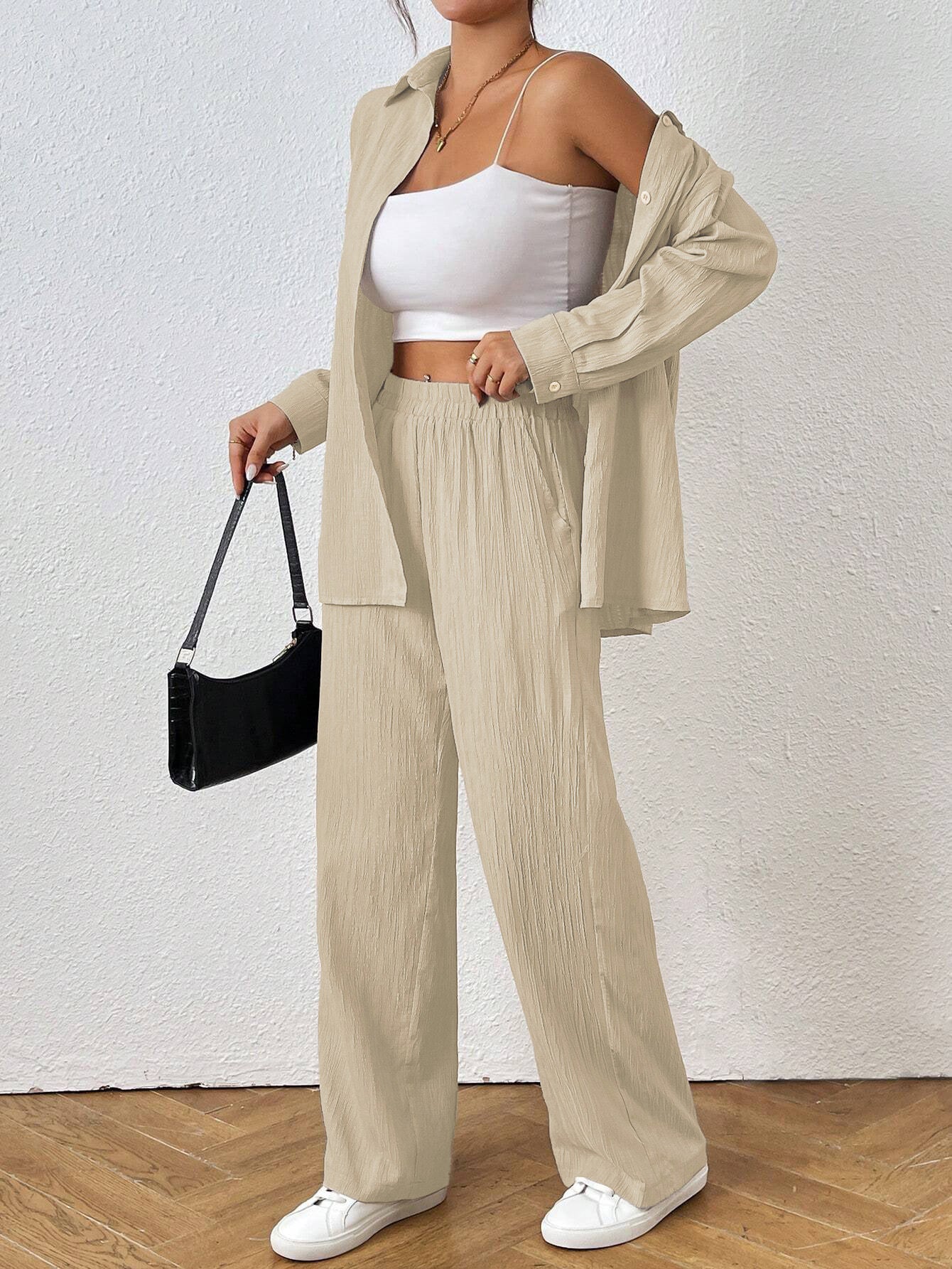 Casual Textured Wide Leg Pant Set
