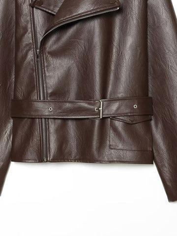 Oversized Brown Faux Leather Moto Jacket