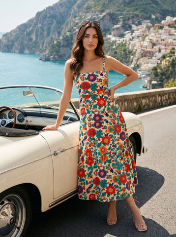 FLORA Floral Print Tiered Strap Midi Dress