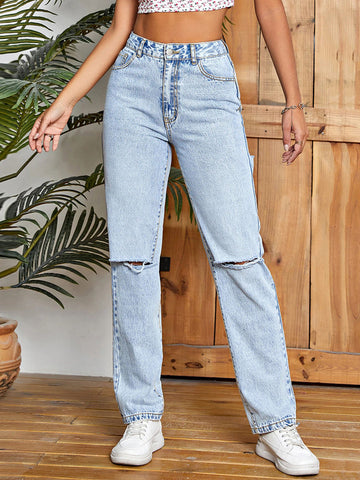 High Waisted Distressed Straight Jeans