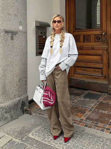 High Waisted Plaid Wide Leg Trousers