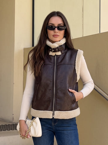 Faux Leather Sherpa Trim Vest