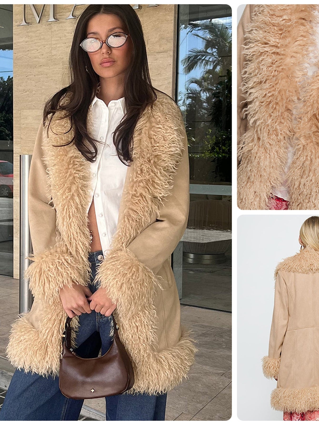 Faux Fur Trim Suede Coat