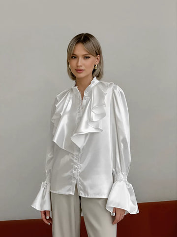 Ruffled Satin Button Down Blouse