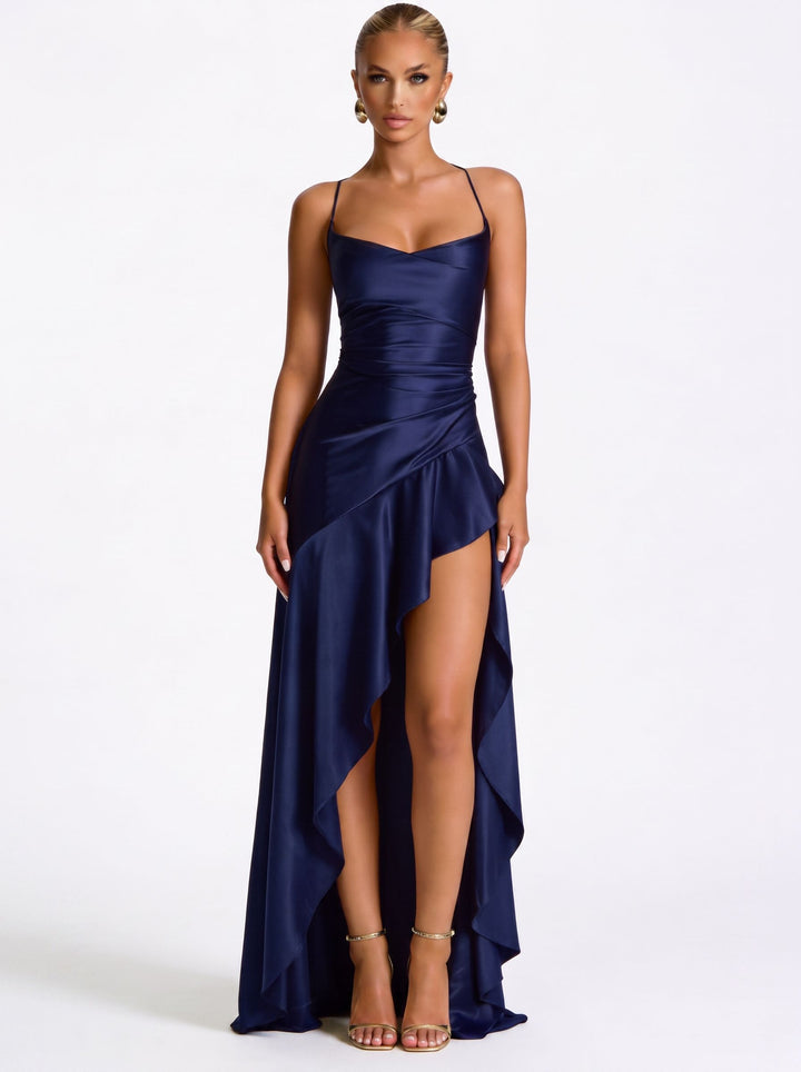 Satin Ruched High Slit Maxi Dress