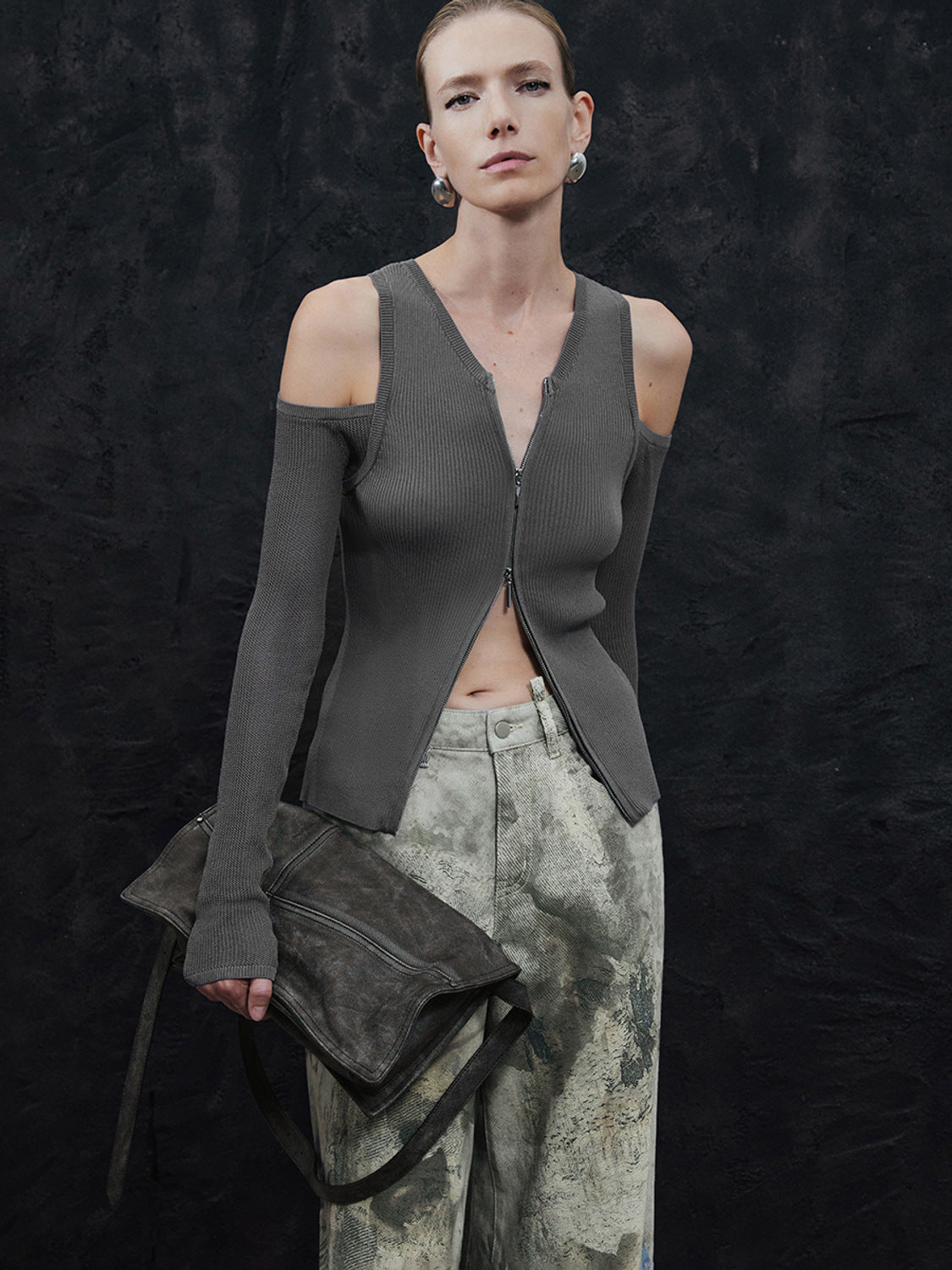 Urban Revivo Cold Shoulder Knitted Cardigans-Dark Gray