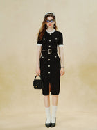 Elegant Tweed Belted Midi Dress