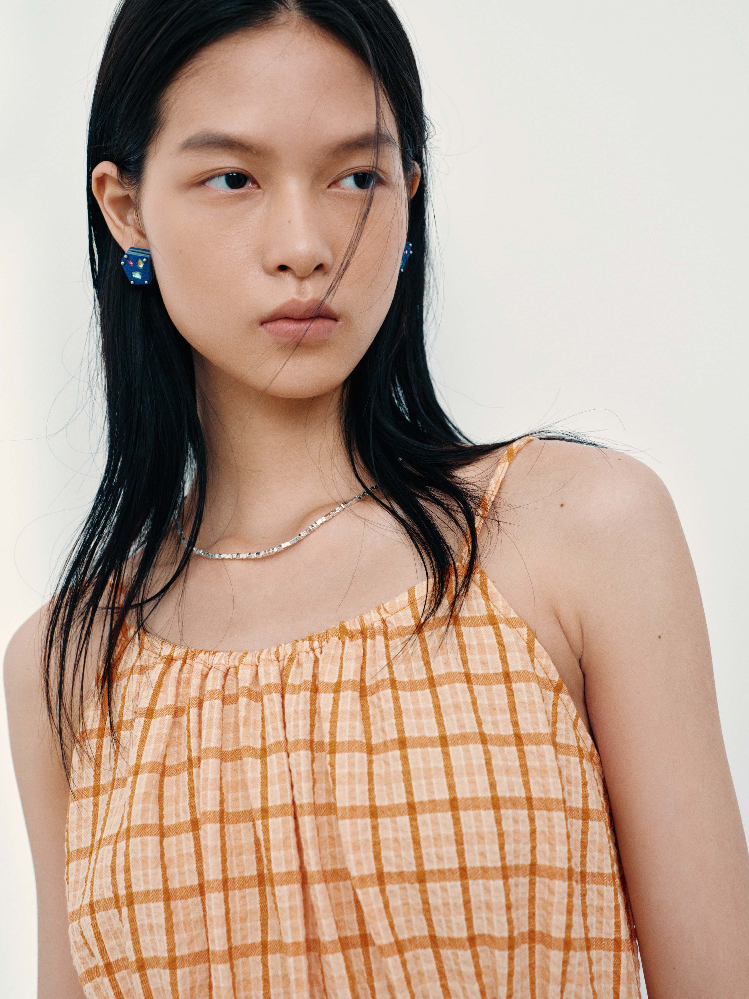 Strappy Check Ruffle Trim Cami Tops