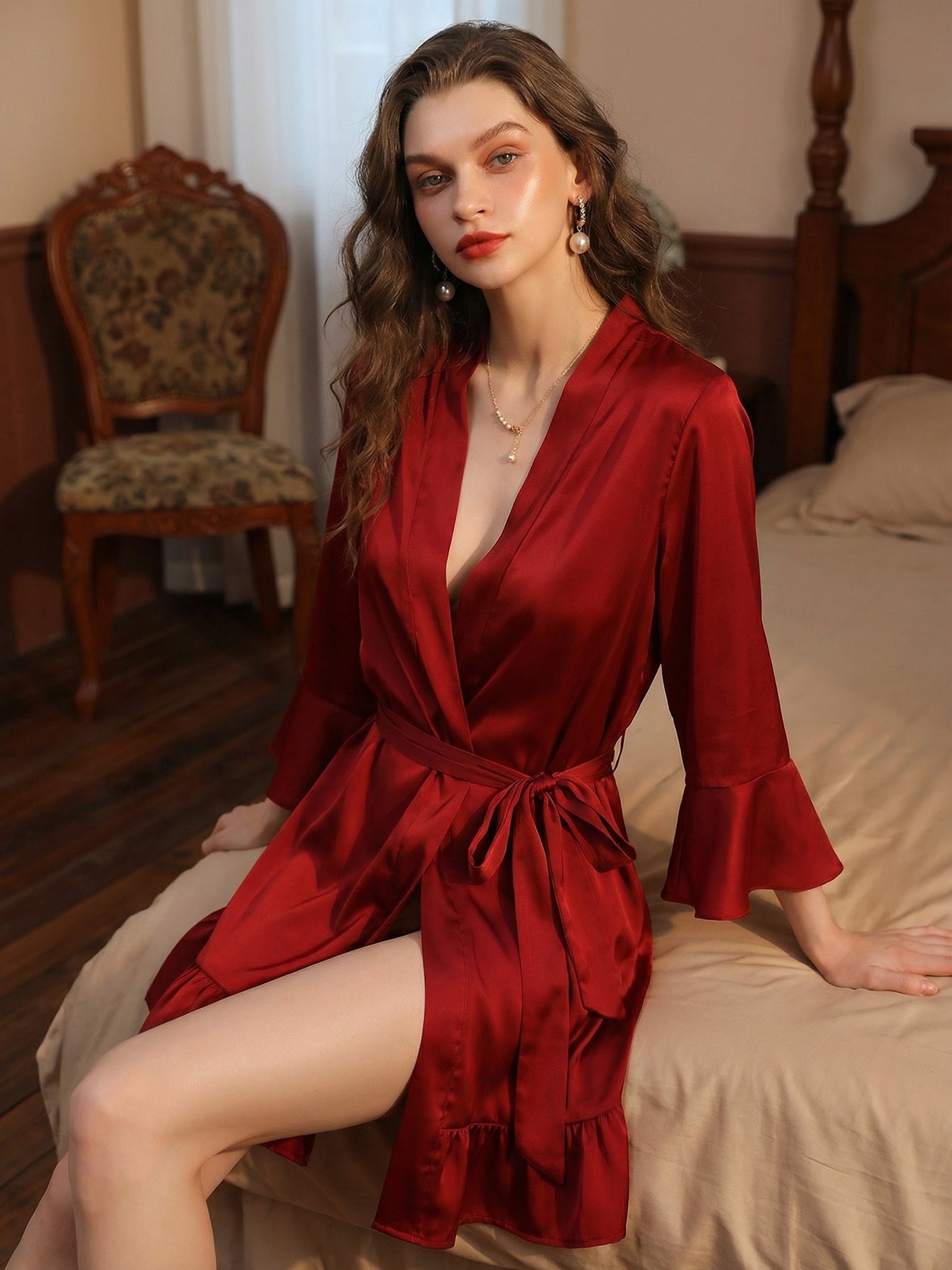 Short Ruffled-Hem Flared-Cuff Sexy Robe