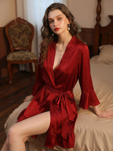 Short Ruffled-Hem Flared-Cuff Sexy Robe