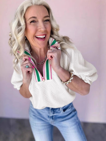 Cropped Half Zip Blouse