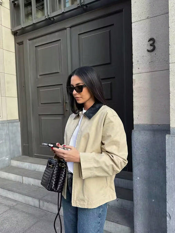 Contrast Collar Zip Up Jacket