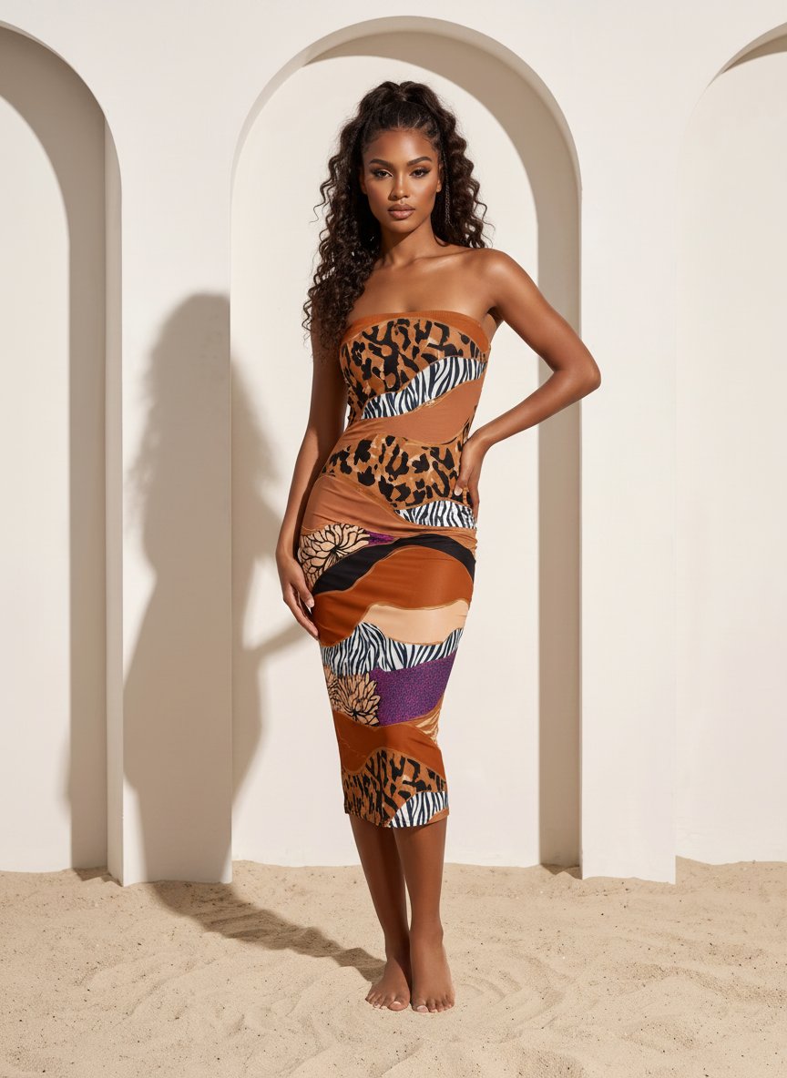 MAIA Mixed Animal and Abstract Print Strapless Sheath Midi Dress