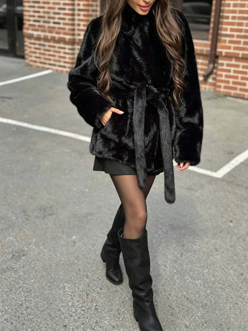 Luxurious Plush Belted Faux Fur Coat