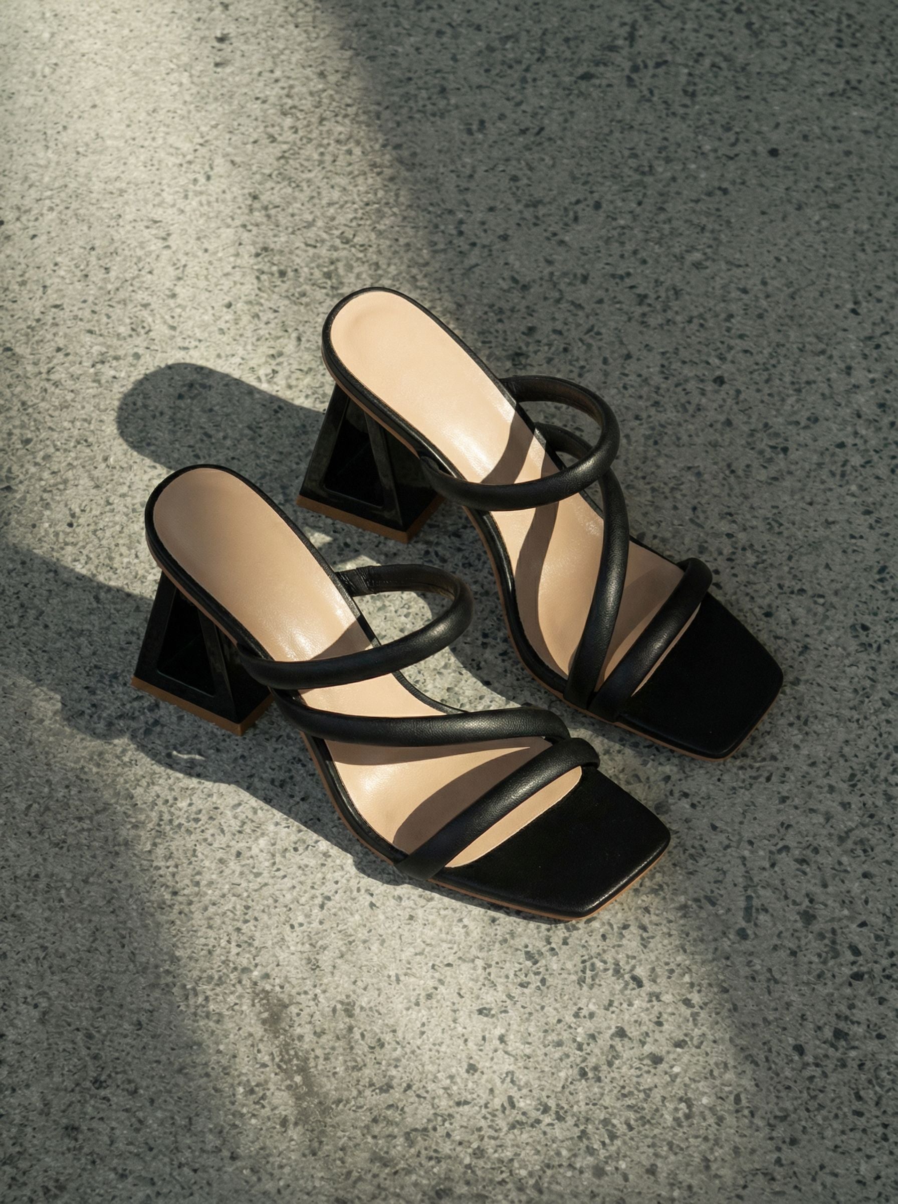 Square-Toe Strappy Geometric Heel Edgy Mules-Black
