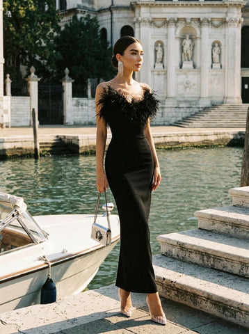 Feathered Top Off Shoulder Maxi Dress