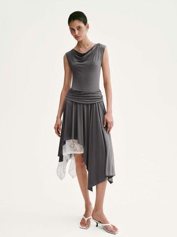 Lace Trim Asymmetric Pleated A-Line Midi Dresses