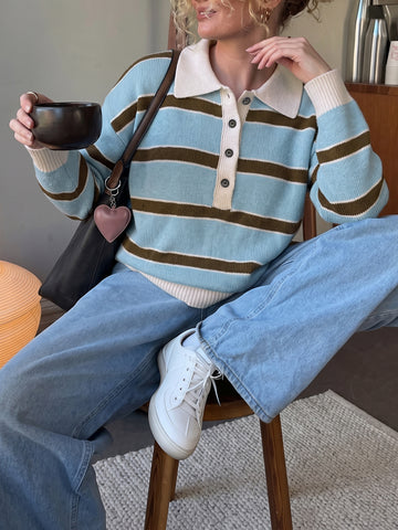 Striped Collared Button Up Knit Sweater