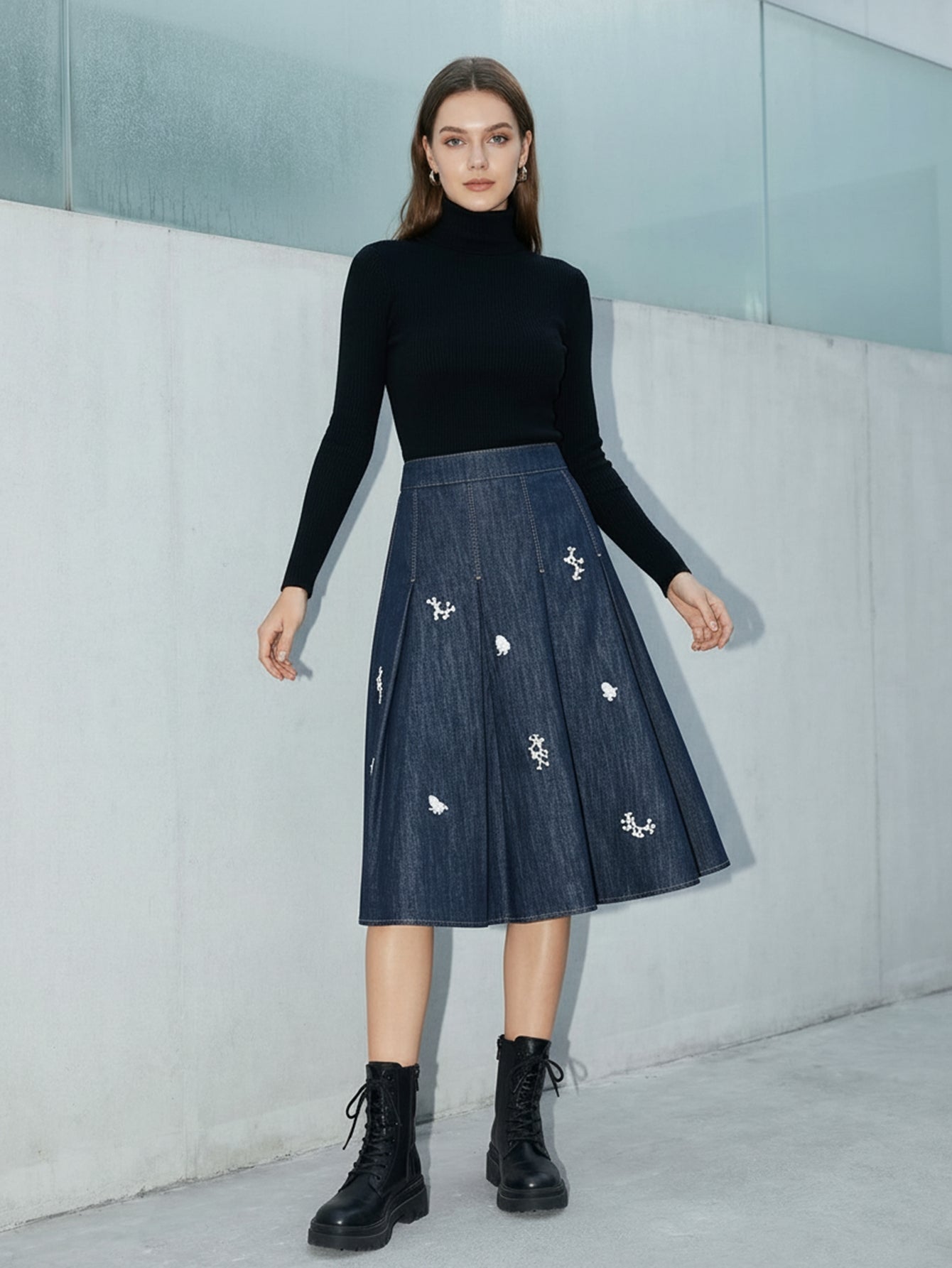 Urban Revivo Ruffled Trim Embroidered Pleated Denim Midi Skirts-Blue